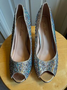 Lauren Lorraine Gold Iridescent Crystal Peep-Toe Heels